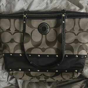 Coach Black and Tan Signature Tote Bag with Leather Trim